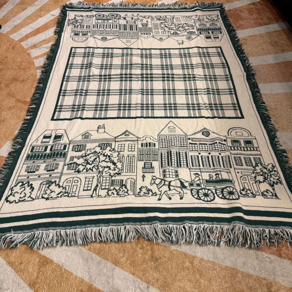 Charleston SC Woven Tapestry Throw Blanket Green Fringe Cotton Colonial Decor